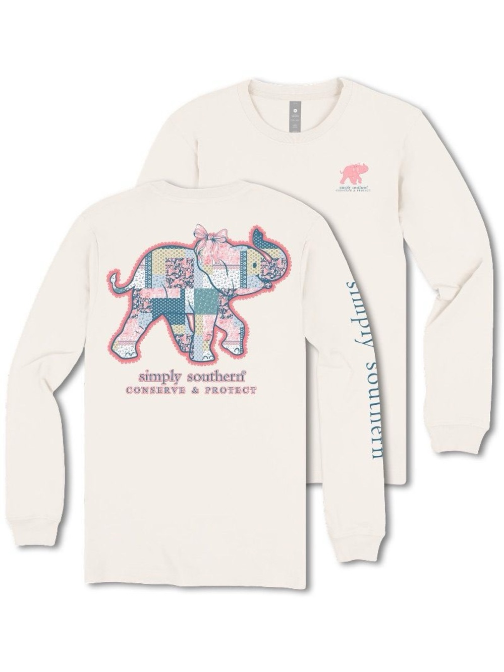 New Simply Southern Long Sleeve Conserve & Protect T-shirt Elephant Patchwork L